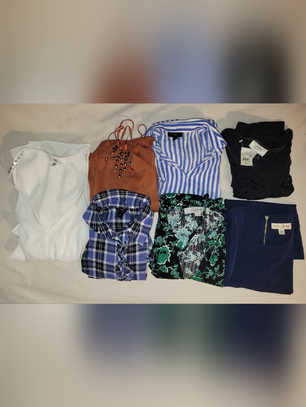 Lot Of 7 Trendy Asst Ladies Blouses  XSmall Multicolored Short Long Sleeve Crop